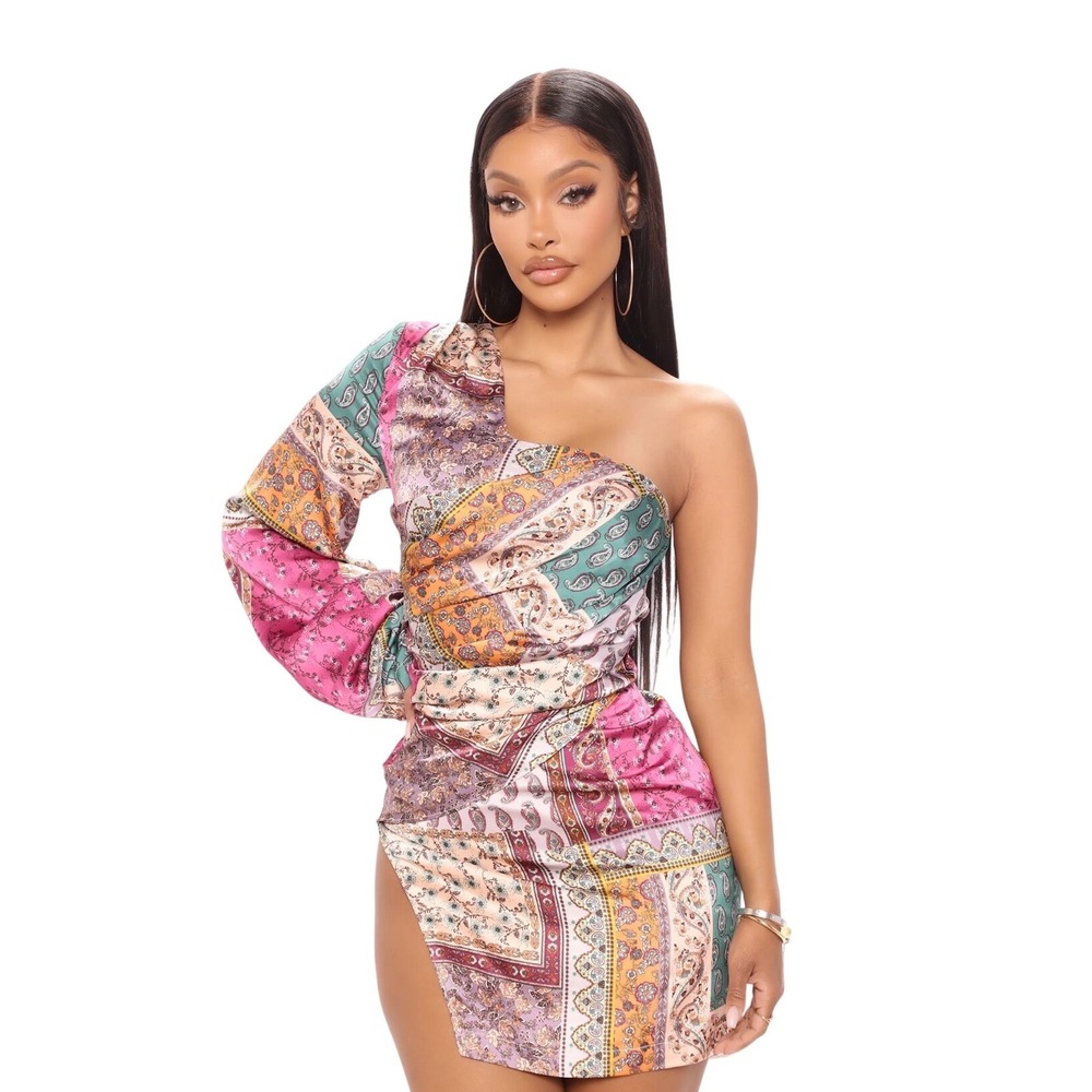 NWT‎ Fashion Nova One Step Further Satin Mini Dress Purple Combo Print Size S
